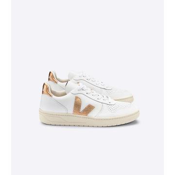 Veja V-10 LEATHER Women's Sneakers White/Gold | NZ 641CTV